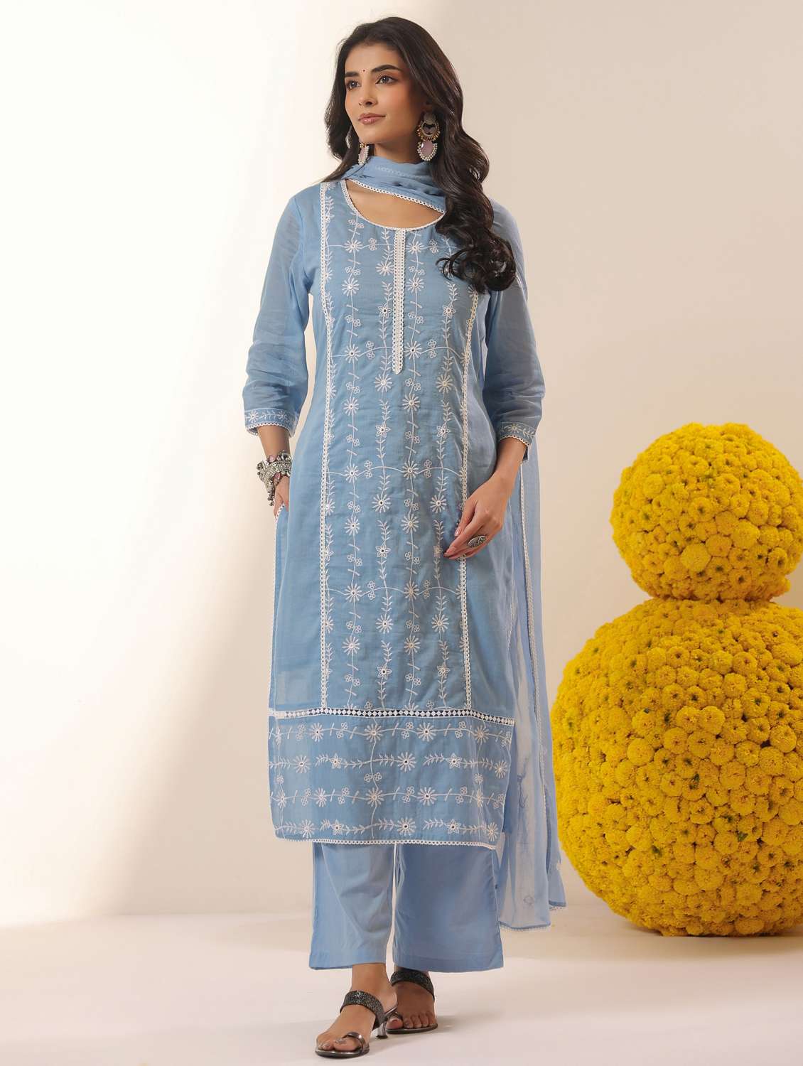 women solid with work round neck kurta pant with dupatta set - 22390228 -  Standard Image - 2
