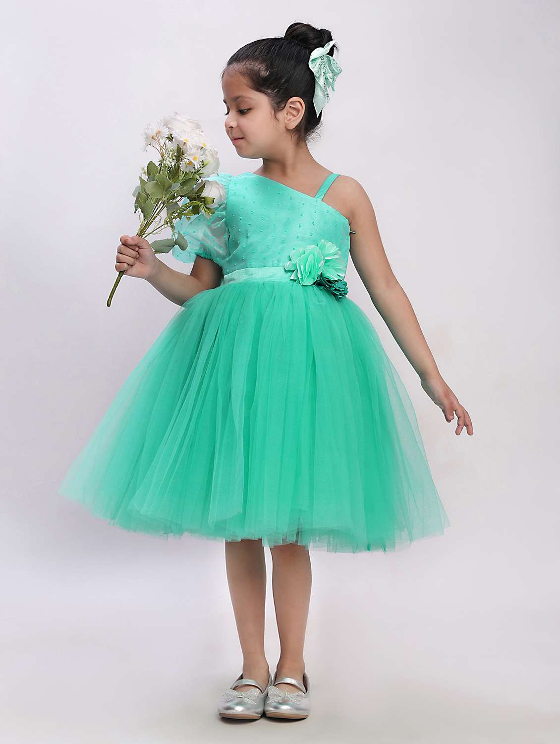 Girls Self Designed Single Shoulder Fit & Flare Dress - 22390395 -  Standard Image - 2