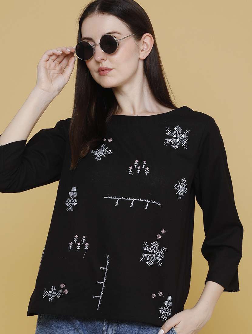 women embroidered three quarter sleeves regular top