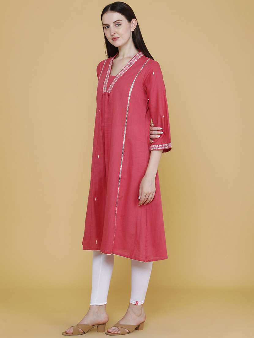 women embroidered three quarter sleeves a-line kurta - 22390981 -  Standard Image - 2