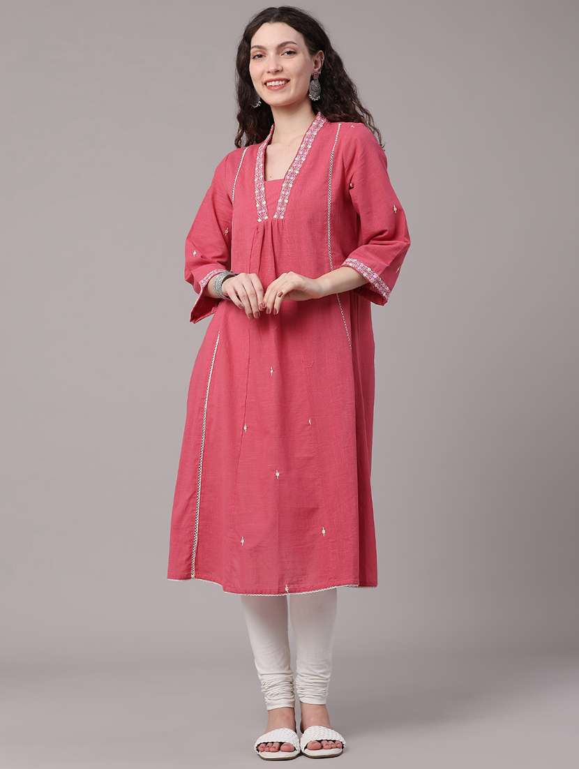 women embroidered three quarter sleeves a-line kurta - 22390982 -  Standard Image - 2