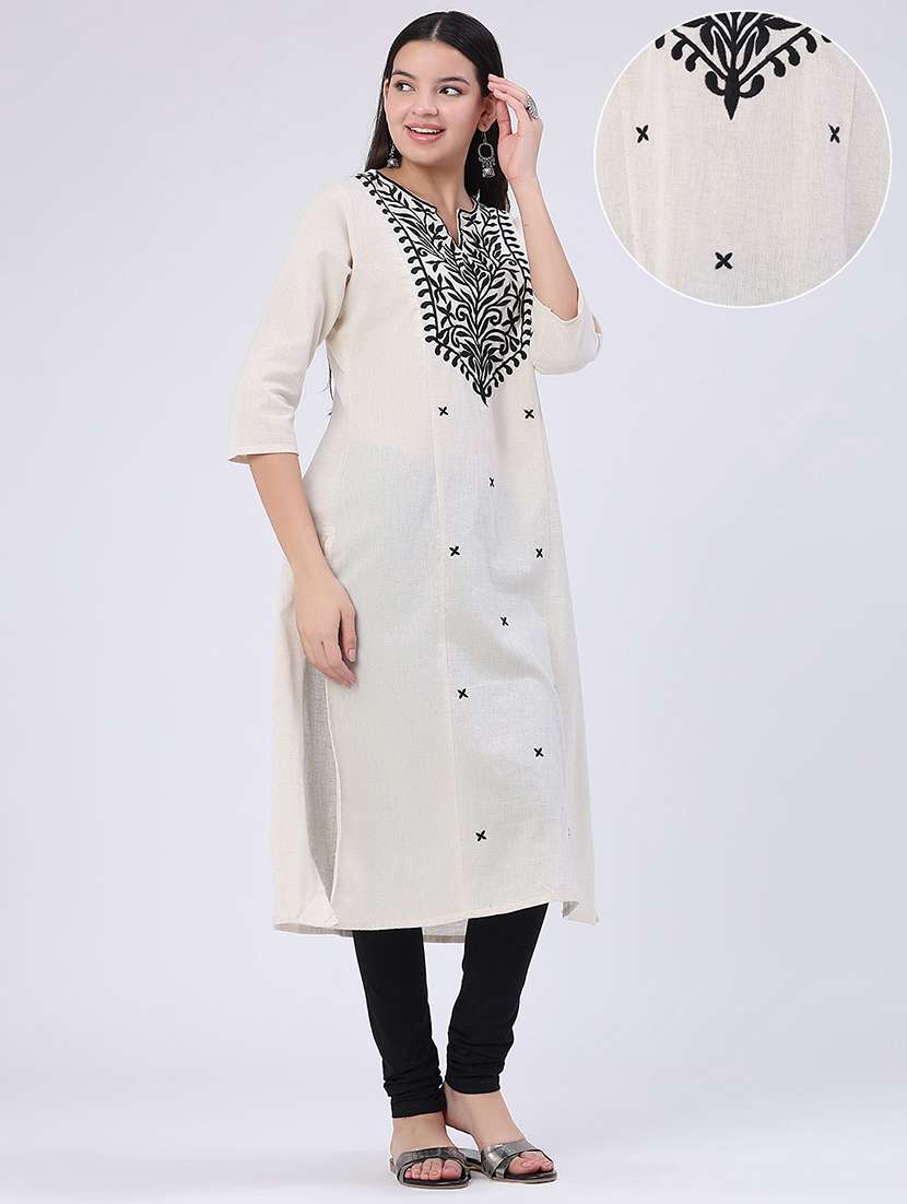 women embroidered three quarter sleeves straight kurta - 22390984 -  Standard Image - 2