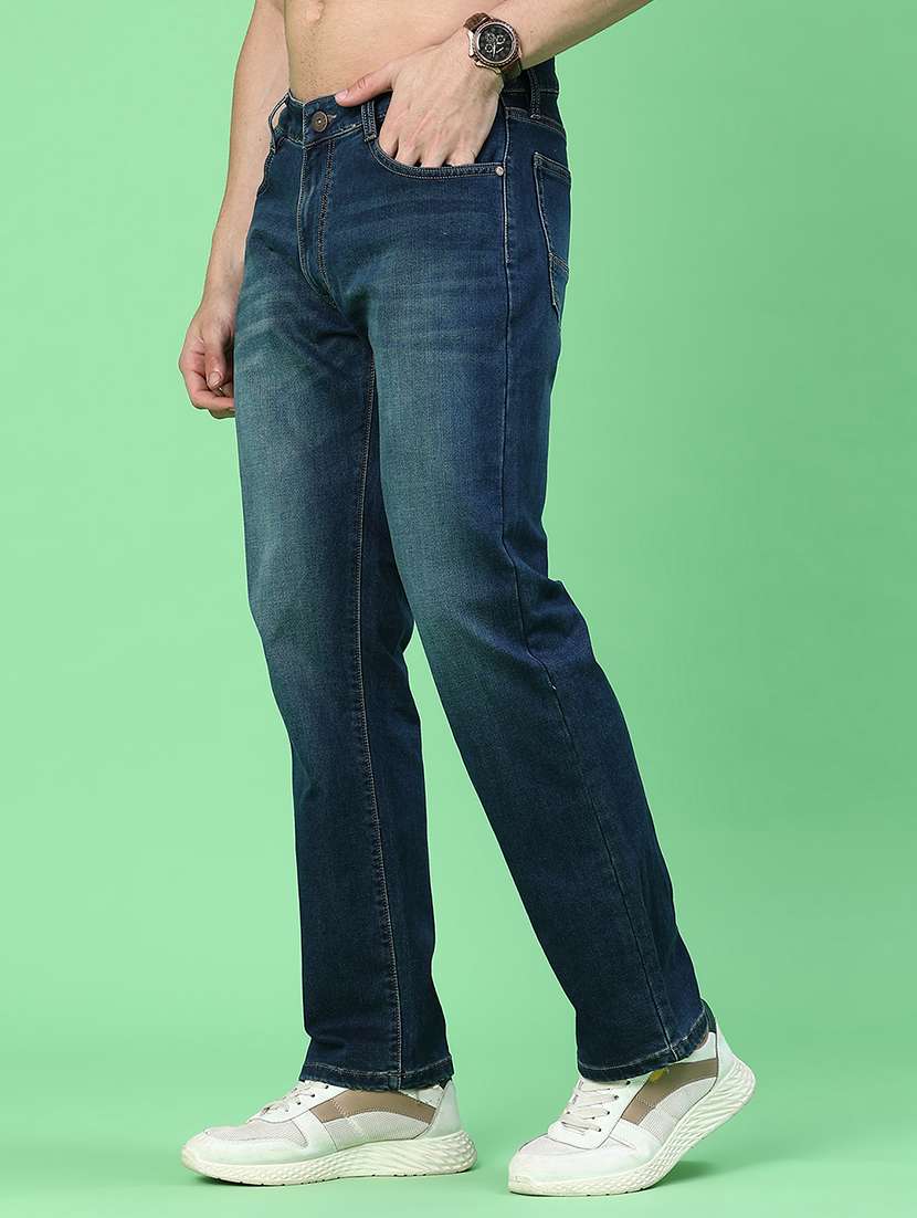 men washed mid rise full length straight jeans
