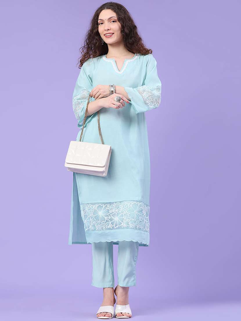 women embroidered three quarter sleeves kurta and pant set 