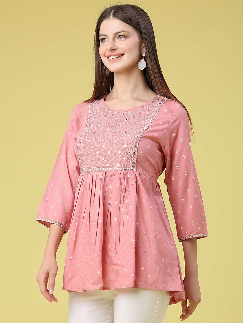 Women Embroidered Three Quarter Sleeve Ethnic Top - 22391179 -  Standard Image - 2
