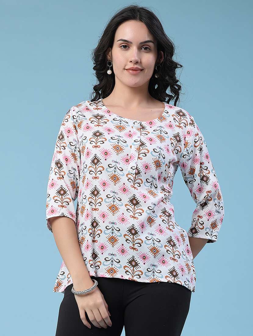 Women Printed Three Quarter Sleeves Straight Kurti - 22391180 -  Standard Image - 2