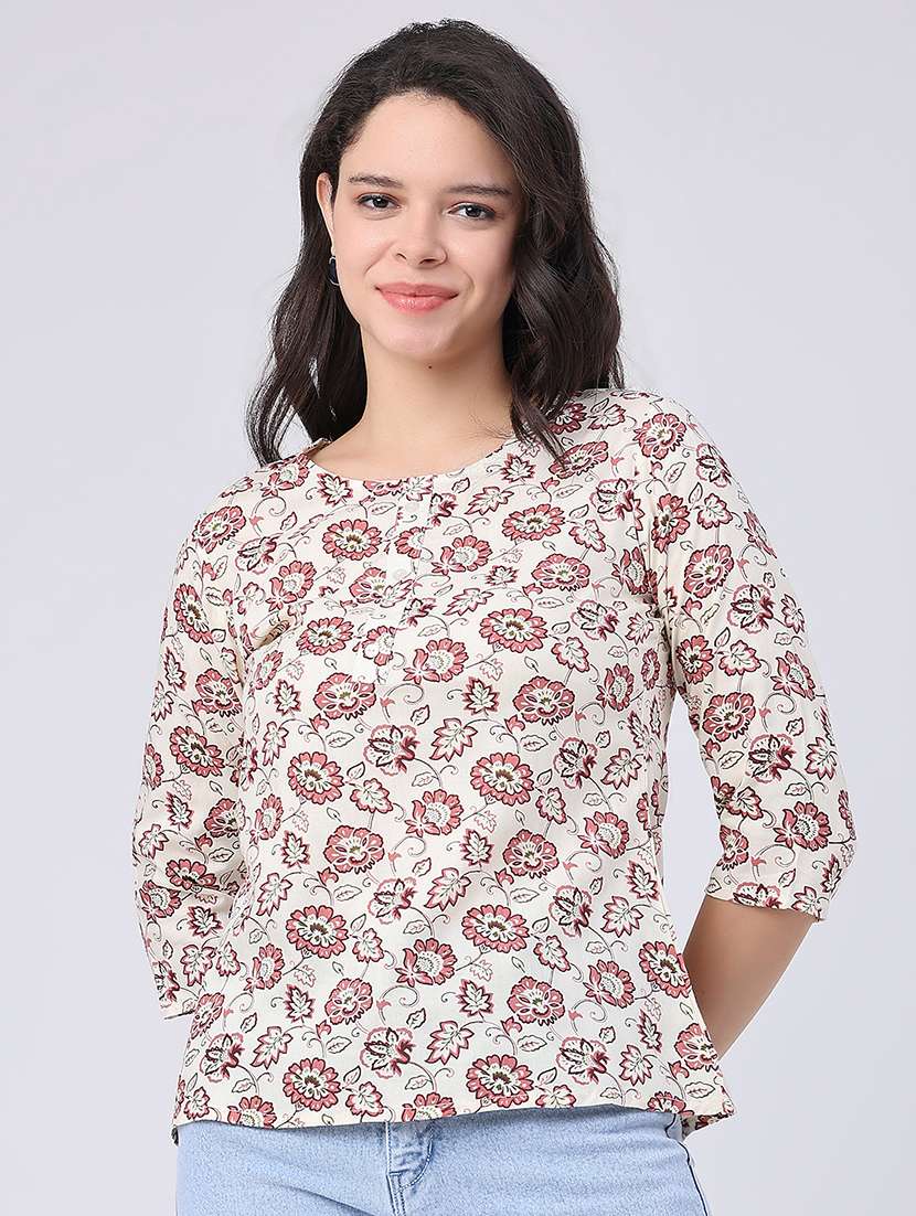 women floral three quarter sleeve straight kurti - 22391187 -  Standard Image - 2