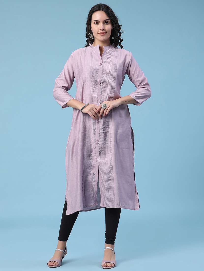 women solid three quarter sleeves straight kurta - 22391193 -  Standard Image - 2