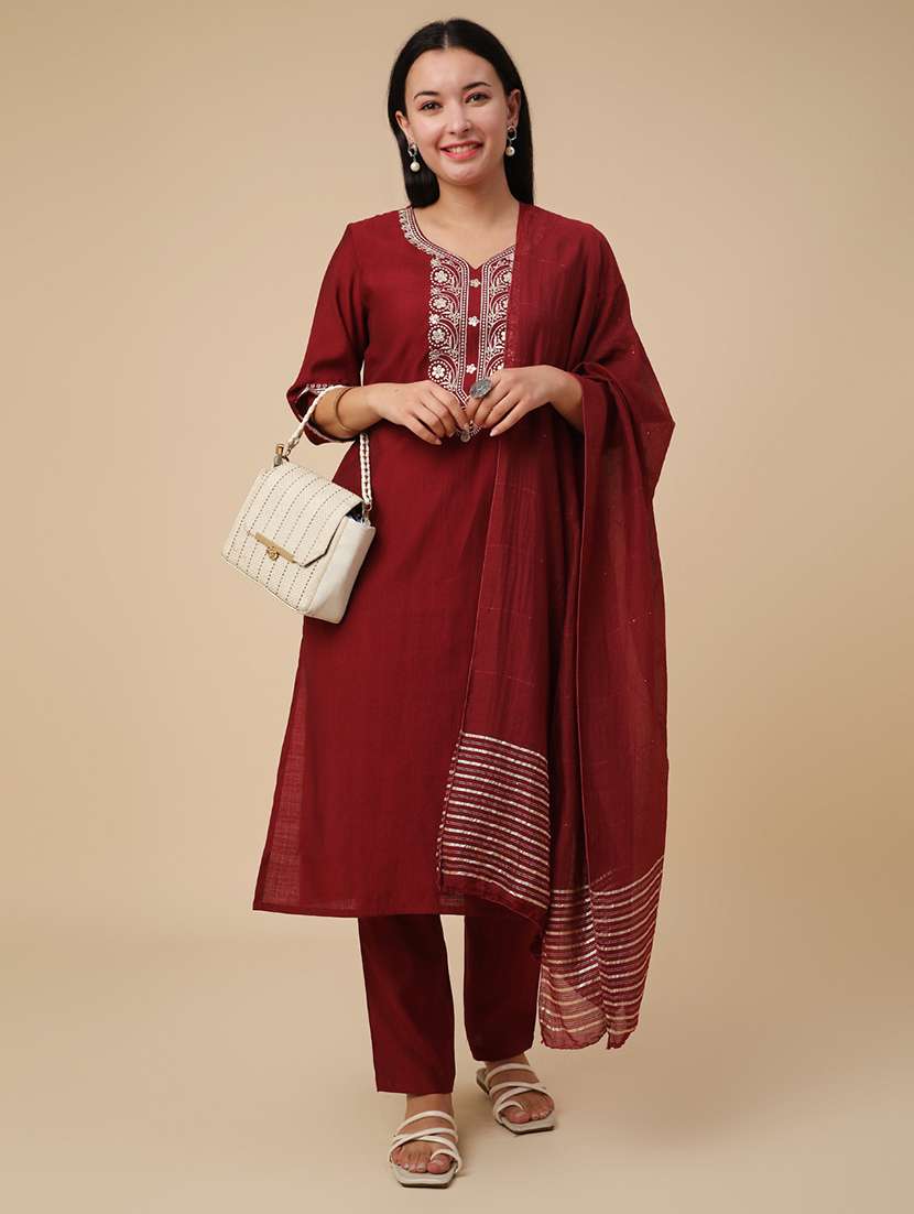 maroon cotton blend suit  set