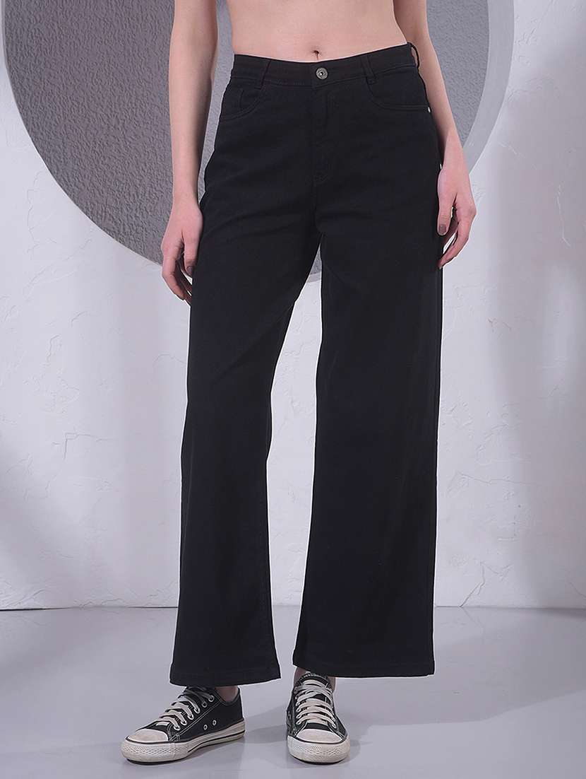 women solid mid rise wide leg jean