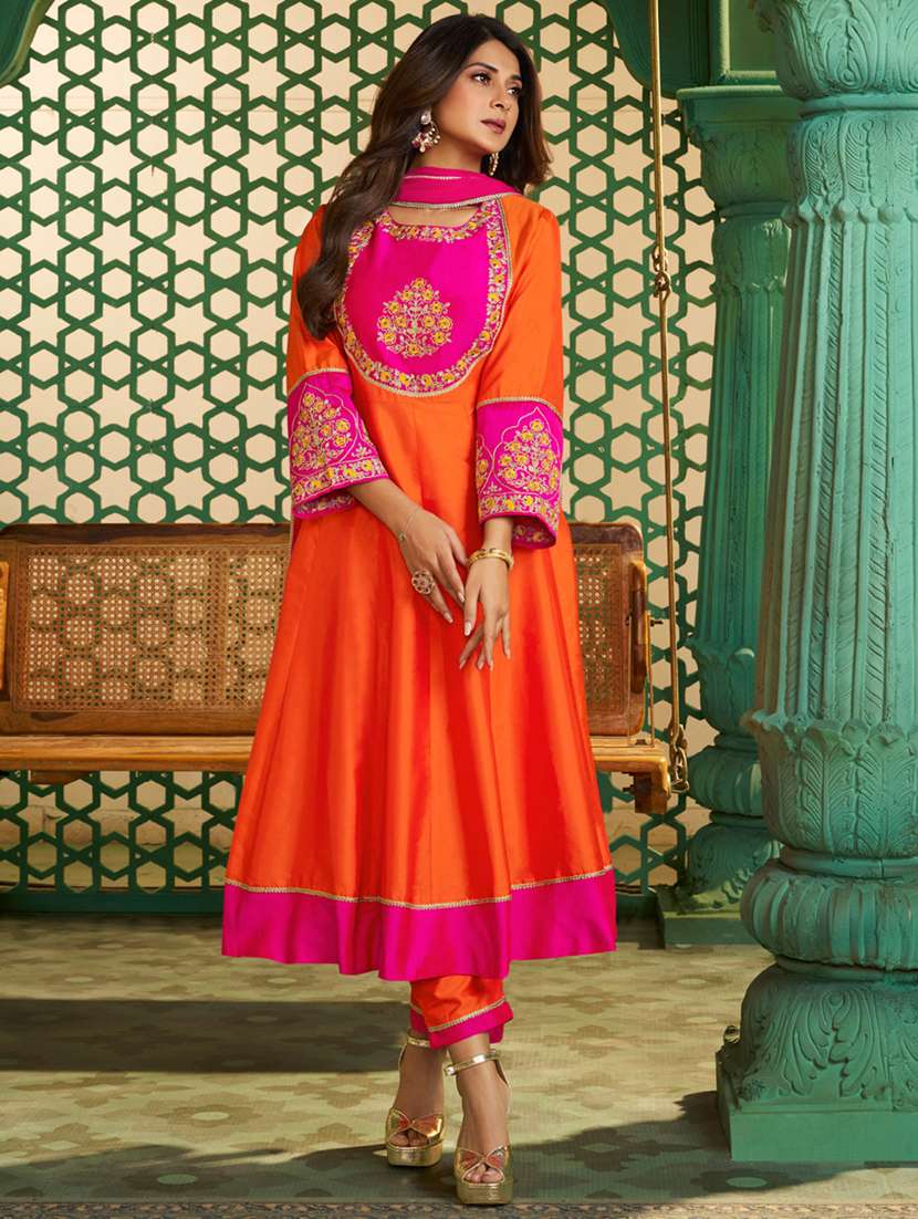 women solid with work long sleeve flared kurta - 22391665 -  Standard Image - 2