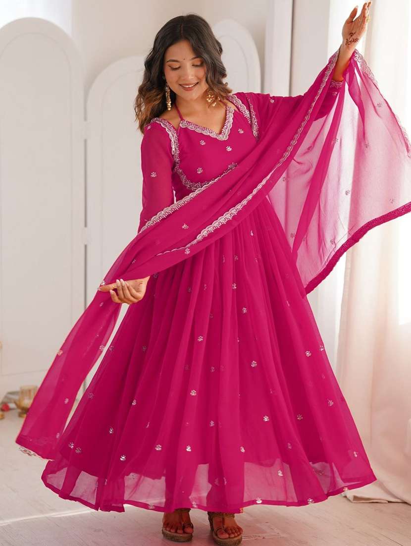 women solid with work long sleeve flared kurta