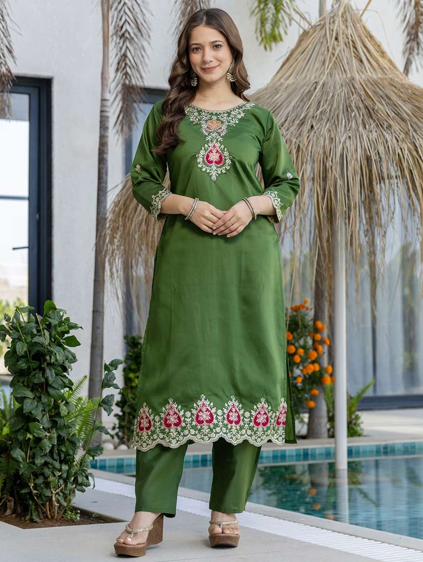 women solid with work three quarter sleeve kurta pant with dupatta set - 22391675 -  Standard Image - 2