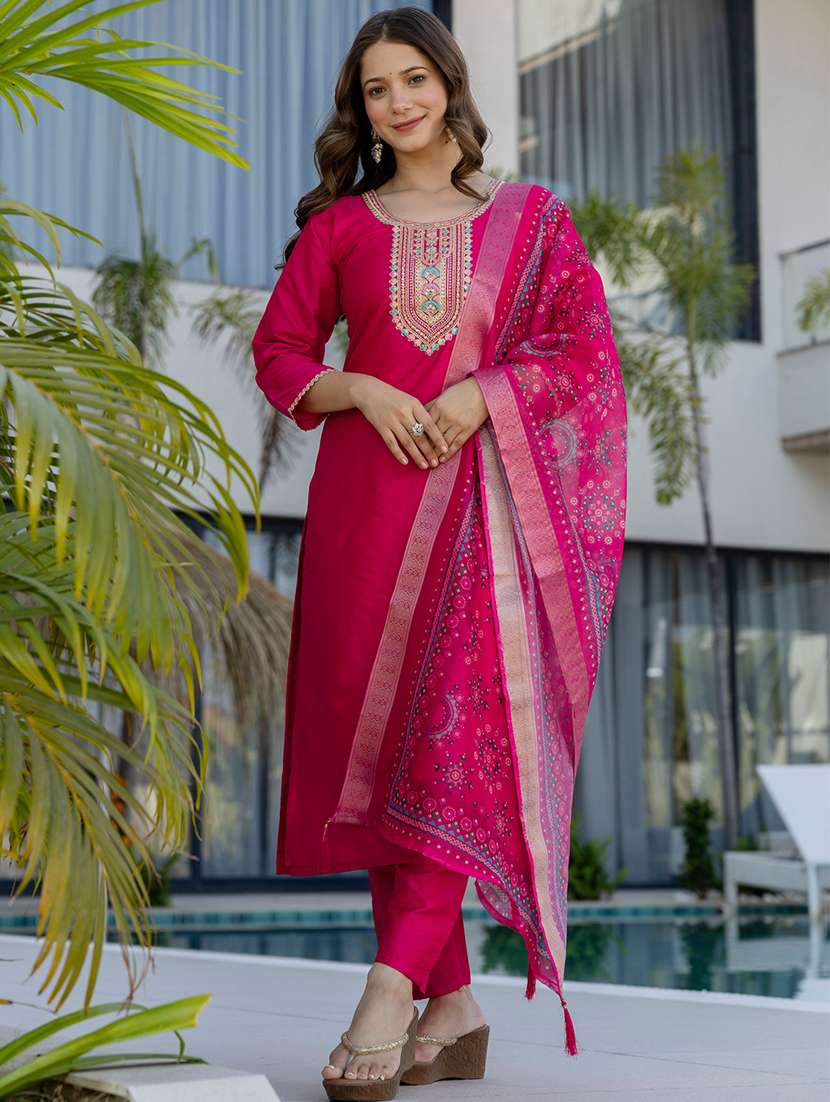 women solid with work three quarter sleeve kurta pant with dupatta set - 22391676 -  Standard Image - 2