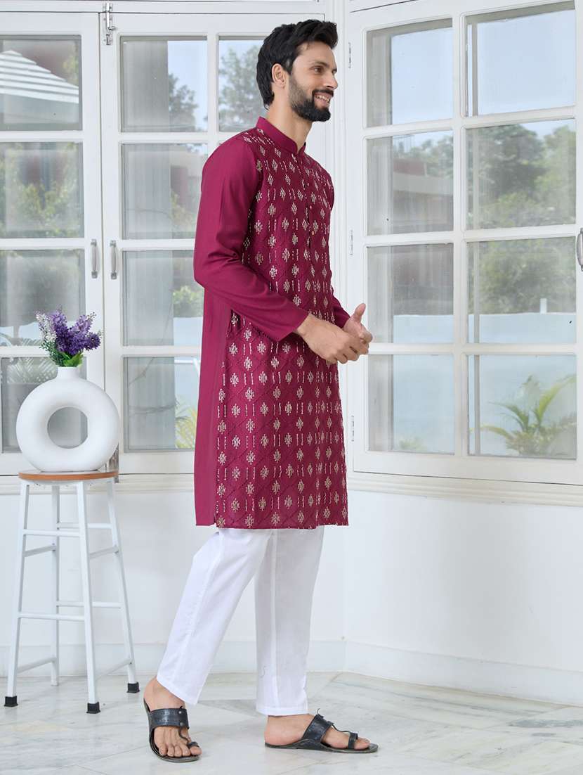 men solid with work long sleeve kurta pyjama set - 22391699 -  Standard Image - 2