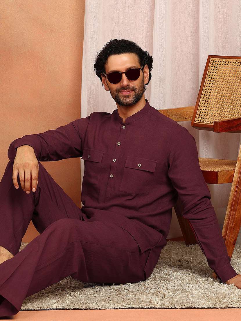 maroon linen kurta pyjama ethnic wear set - 22391701 -  Standard Image - 2