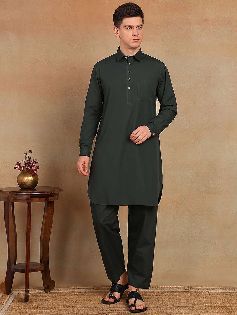 men solid long sleeve pathani set