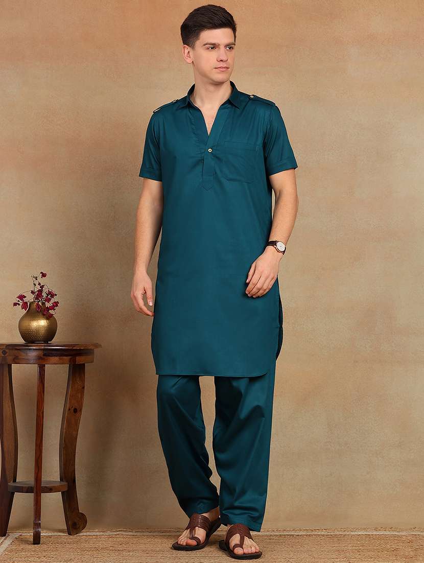 men solid short sleeve pathani ethnic wear set