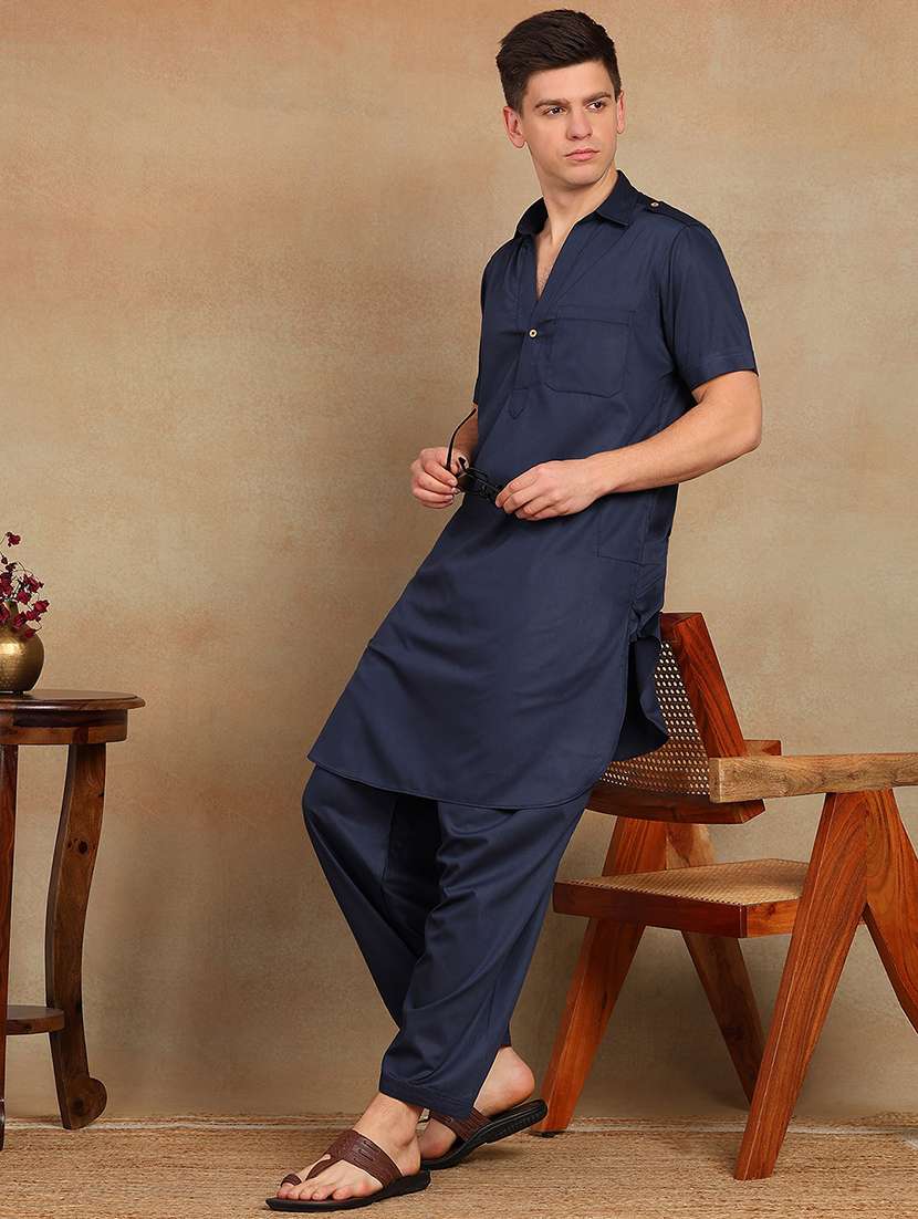 Men Solid Short Sleeve Pathani Ethnic Wear Set - 22391717 -  Standard Image - 2