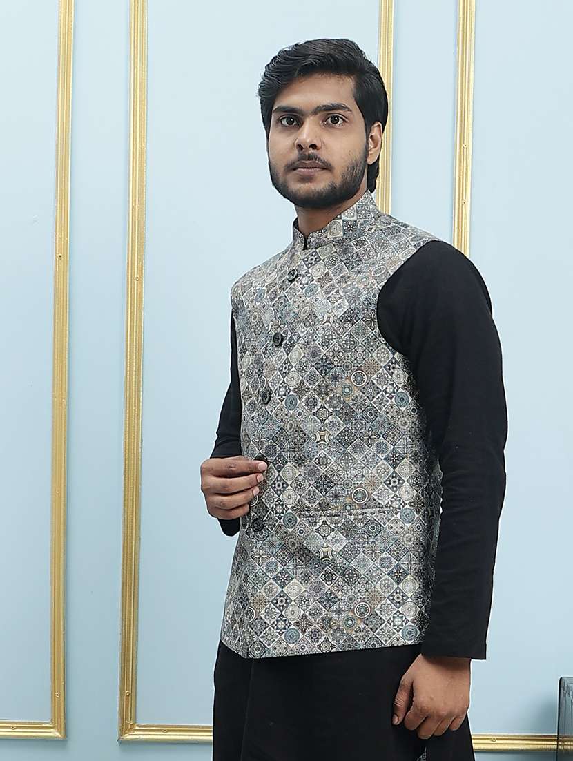 men printed mandarin neck kurta pyjama with jacket set - 22391772 -  Standard Image - 2