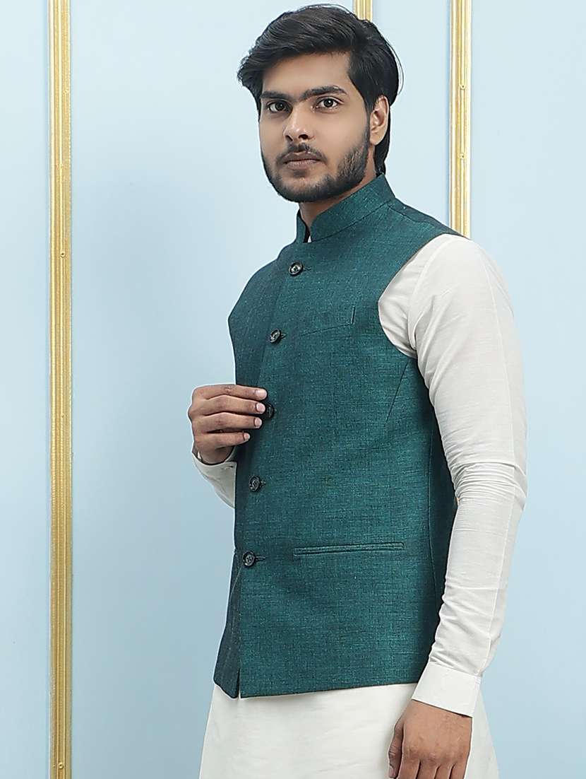 men solid mandarin neck kurta pyjama with jacket set - 22391791 -  Standard Image - 2