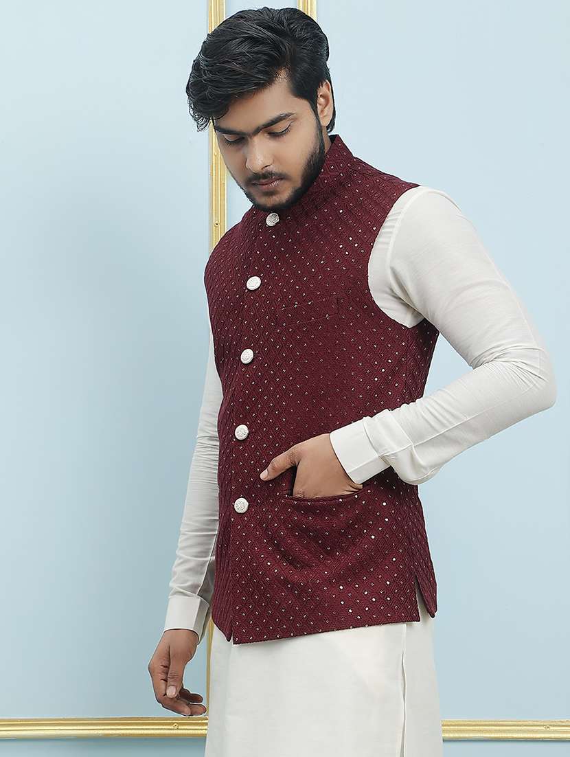 men mandarin neck kurta pyjama with jacket ethnic wear set - 22391798 -  Standard Image - 2