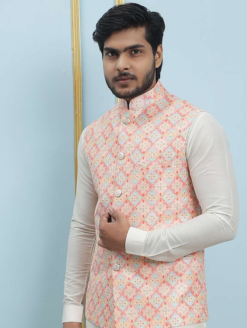 men mandarin neck kurta pyjama with jacket ethnic wear set - 22391800 -  Standard Image - 2