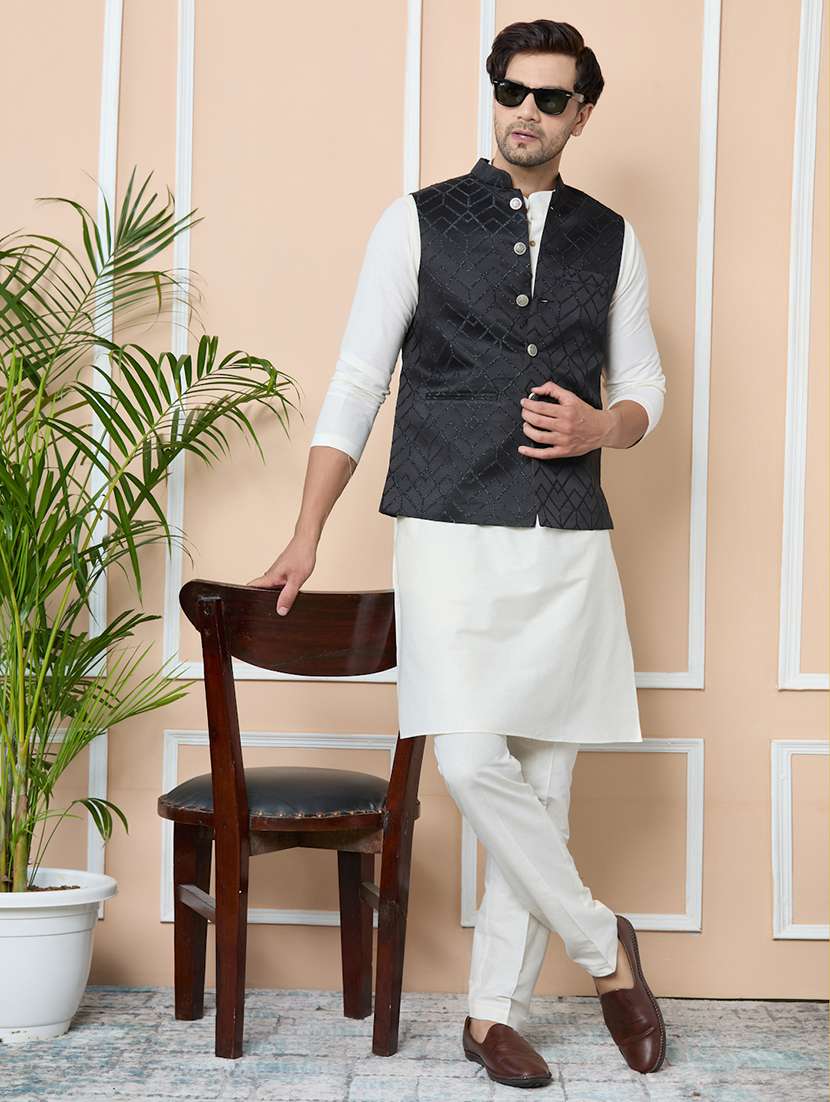 men mandarin neck kurta pyjama with jacket ethnic wear set - 22391823 -  Standard Image - 2