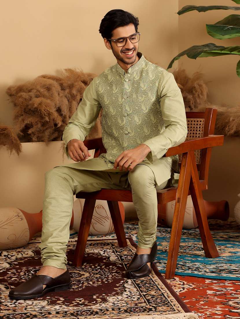 men mandarin neck kurta pyjama with jacket ethnic wear set - 22391845 -  Standard Image - 2