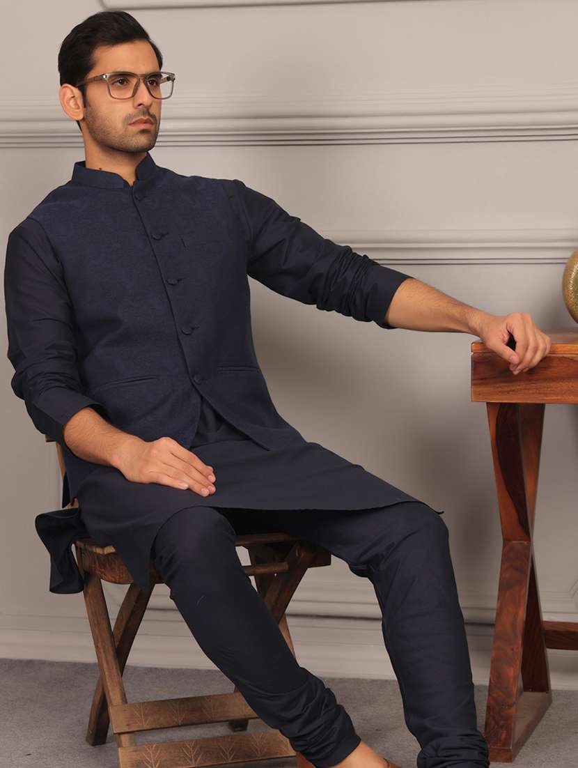 men mandarin neck kurta pyjama with jacket ethnic wear set - 22391846 -  Standard Image - 2