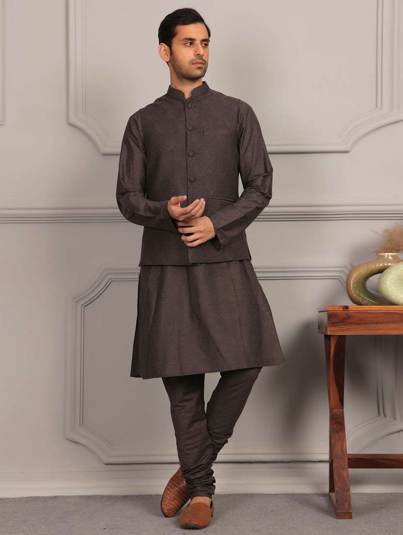 men mandarin neck kurta pyjama with jacket ethnic wear set - 22391847 -  Standard Image - 2