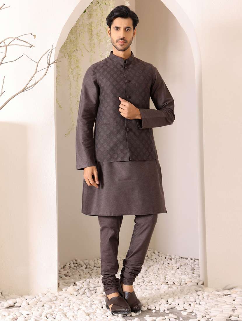 men mandarin neck kurta pyjama with jacket ethnic wear set - 22391848 -  Standard Image - 2