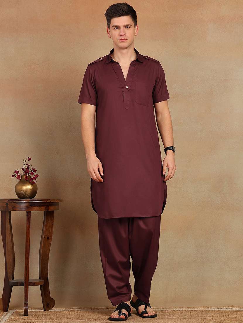men solid long sleeve pathani set