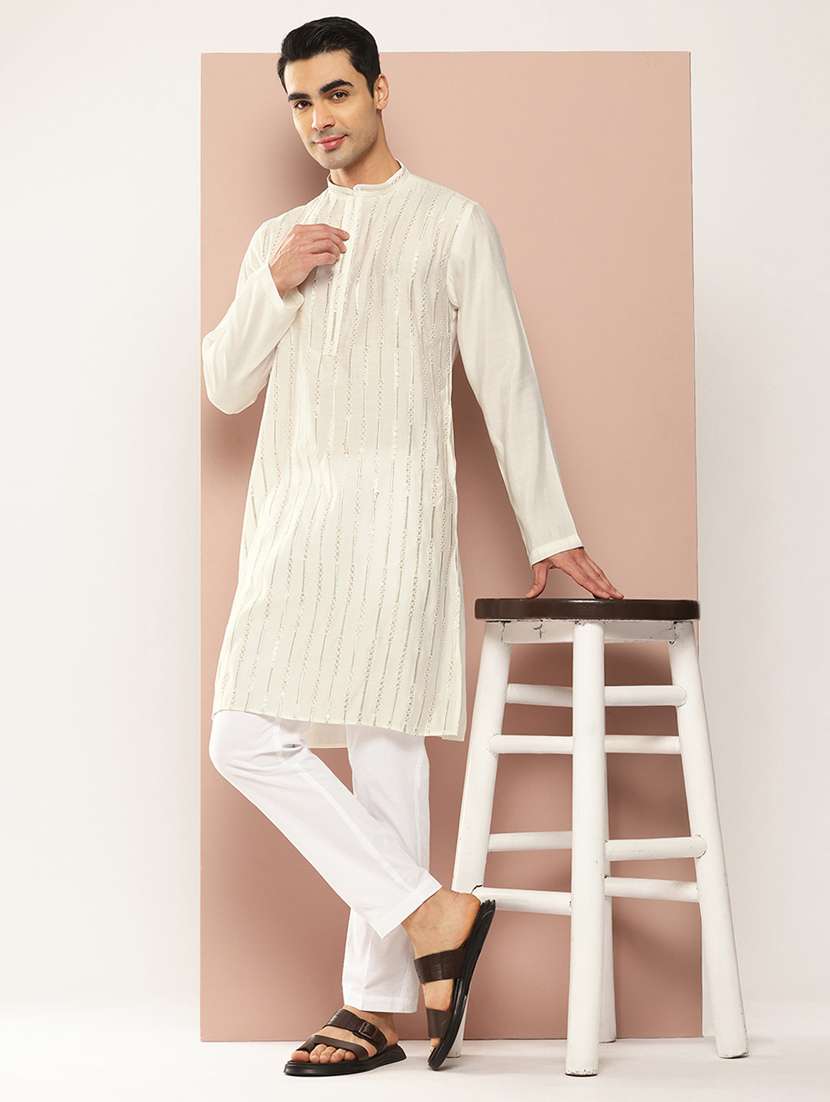 men self design long sleeve kurta