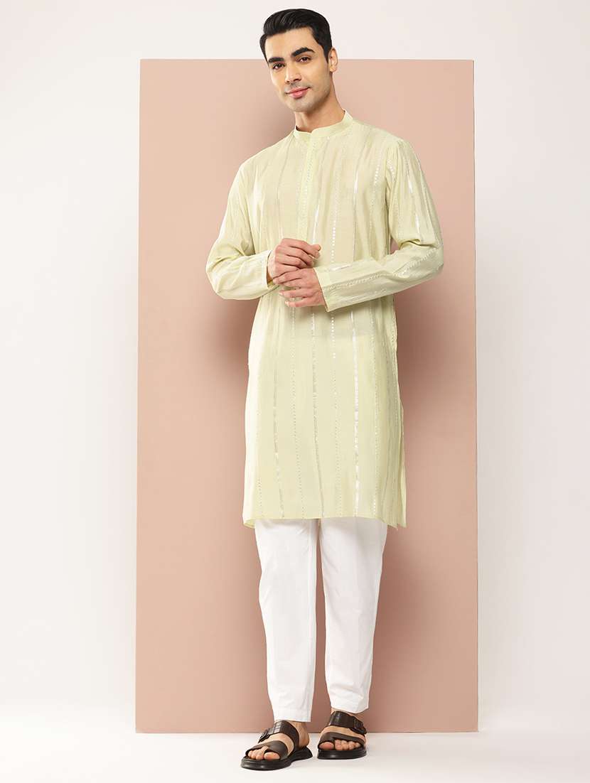 Men Solid With Work Mandarin Neck Long Kurta - 22391955 -  Standard Image - 2