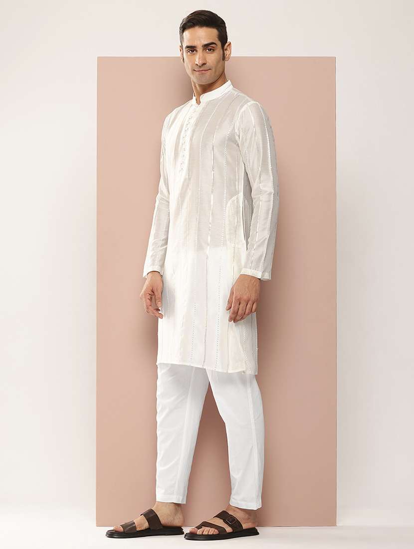 men solid with work mandarin neck long kurta - 22391962 -  Standard Image - 2