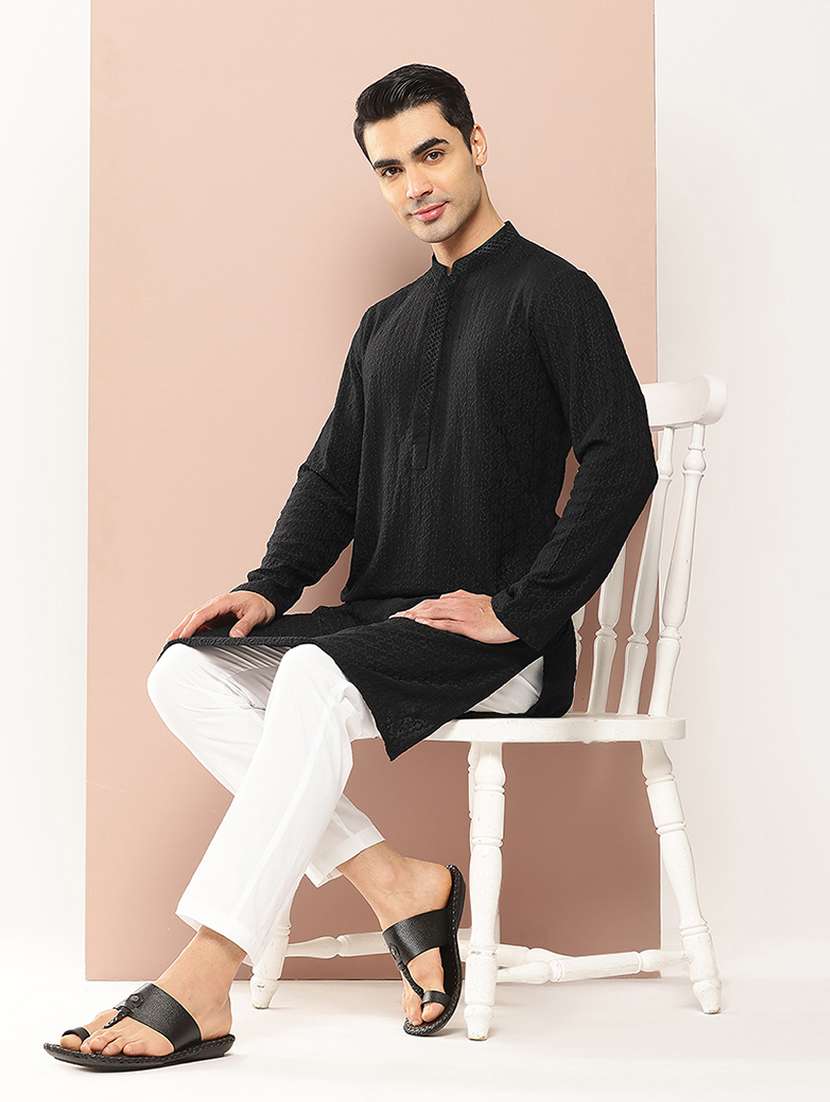 men solid with work mandarin neck long kurta - 22391966 -  Standard Image - 2