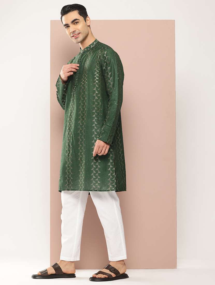 men solid with work mandarin neck long kurta - 22391968 -  Standard Image - 2