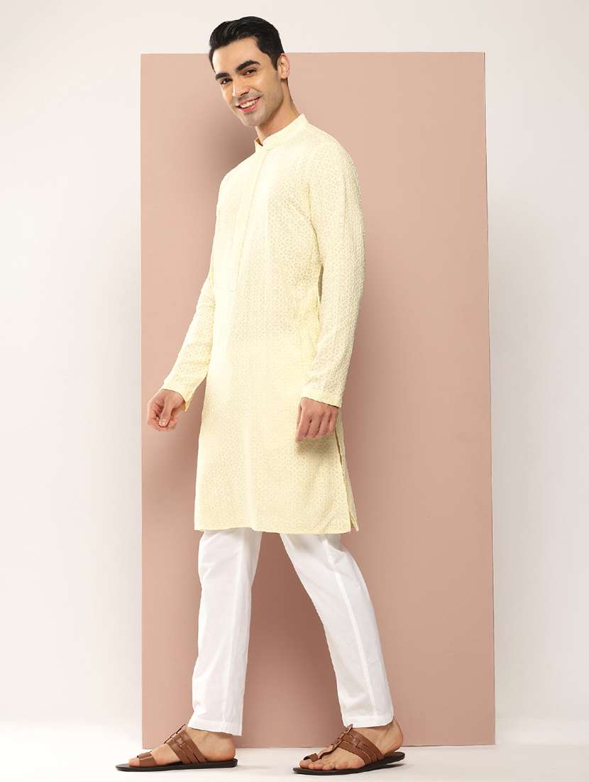 men solid with work mandarin neck long kurta - 22391974 -  Standard Image - 2