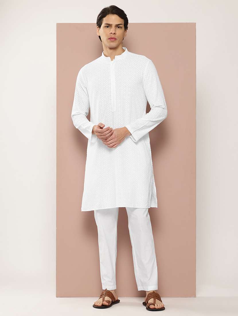 men solid with work mandarin neck long kurta - 22391977 -  Standard Image - 2