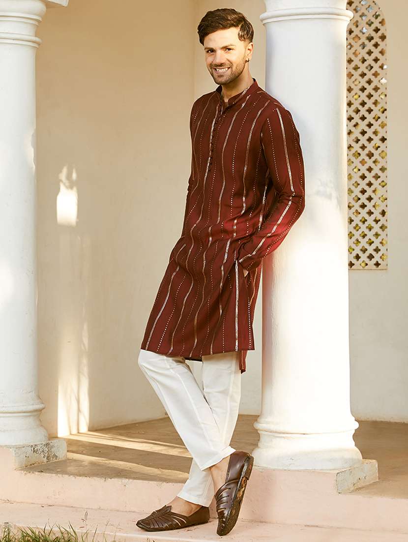 maroon silk blend long  kurta - 22392114 -  Standard Image - 2