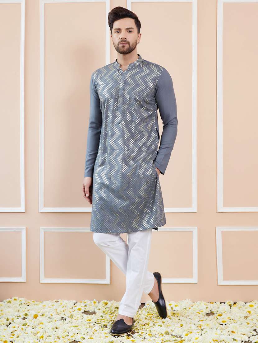 men self design long sleeve kurta