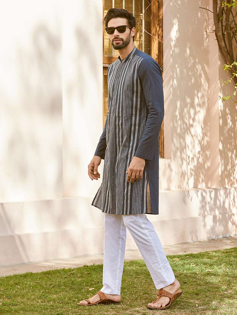 men solid with work mandarin neck long kurta - 22392124 -  Standard Image - 2