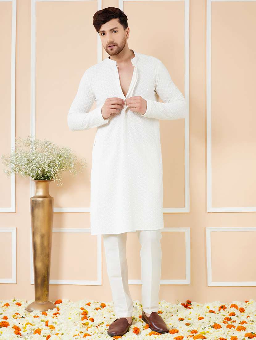 men solid with work mandarin neck long kurta - 22392134 -  Standard Image - 2