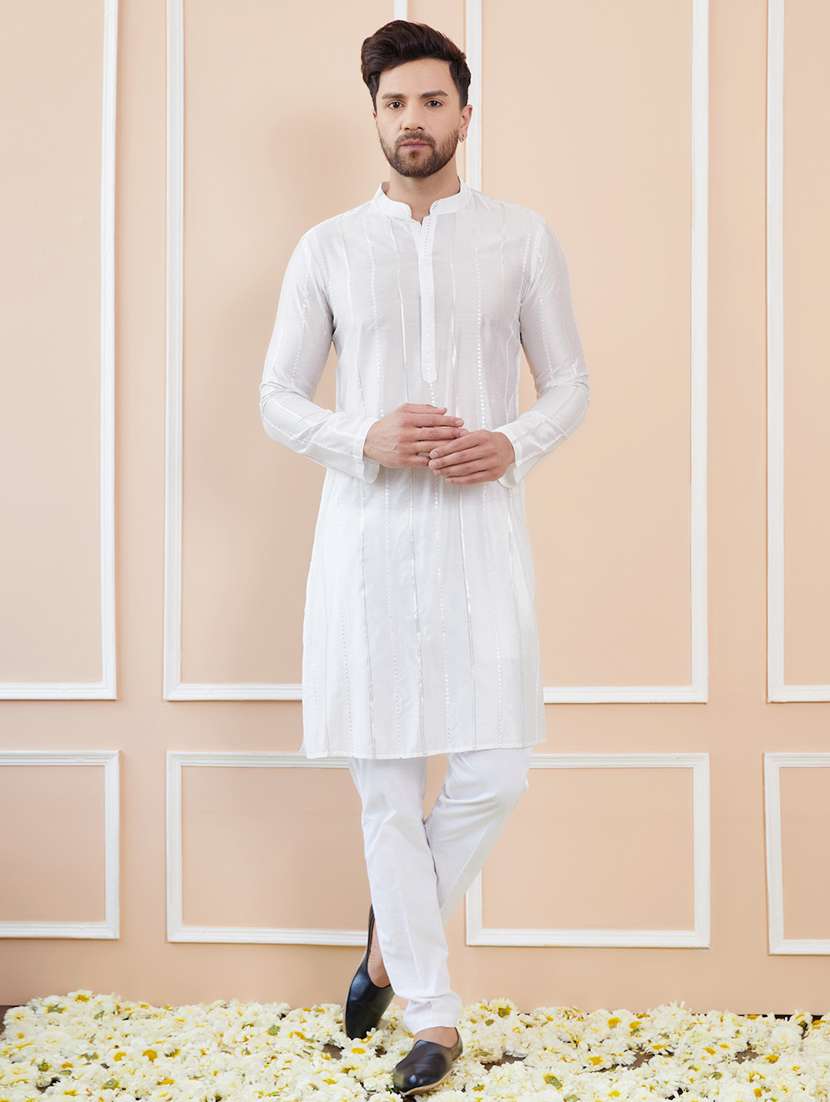 men solid with work mandarin neck long kurta - 22392137 -  Standard Image - 2