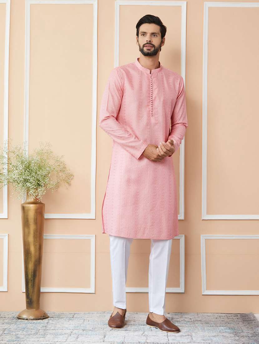men solid with work mandarin neck long kurta - 22392148 -  Standard Image - 2