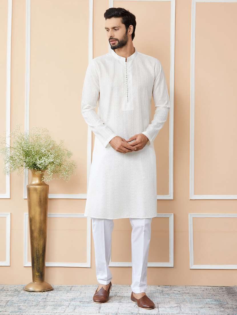 Men Solid With Work Mandarin Neck Long Kurta - 22392149 -  Standard Image - 2
