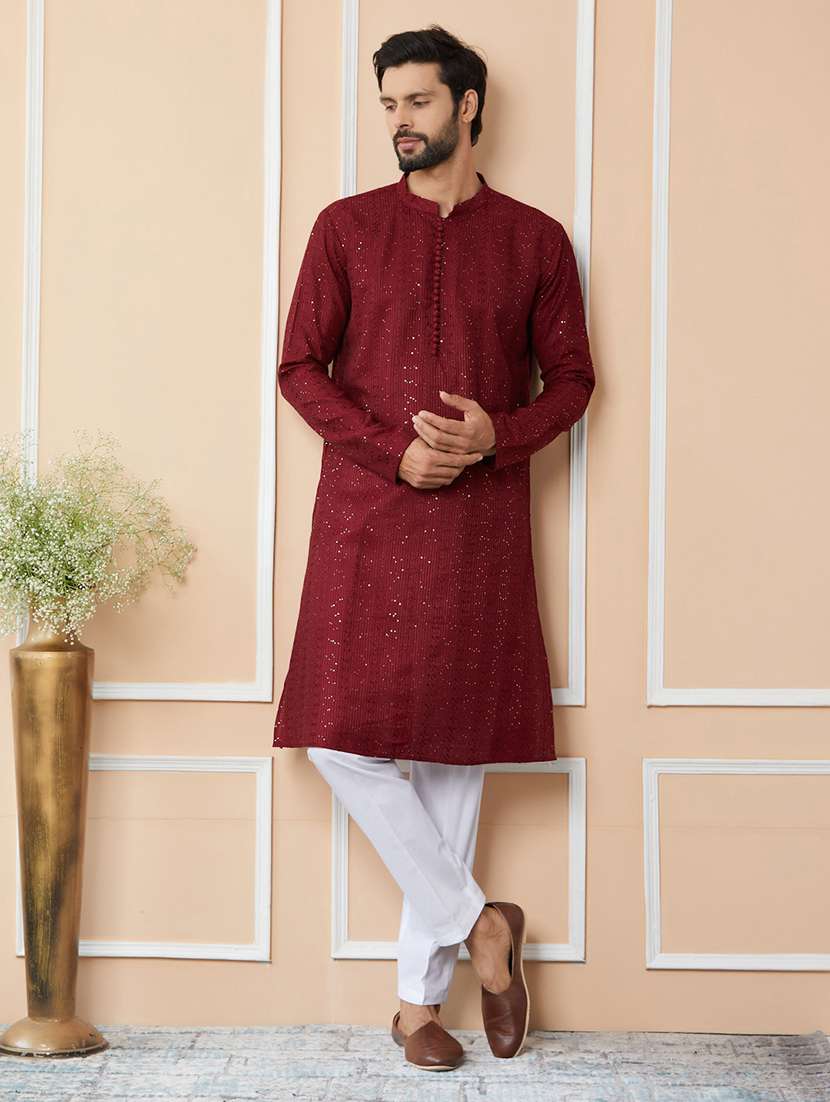 men solid with work mandarin neck long kurta - 22392151 -  Standard Image - 2