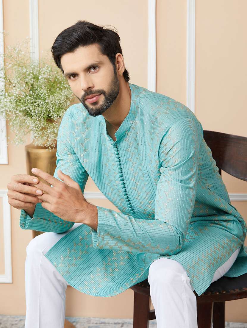 men solid with work mandarin neck long kurta - 22392153 -  Standard Image - 2