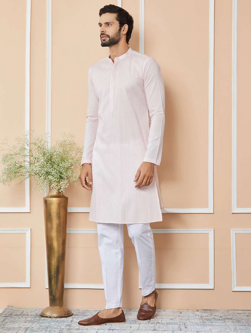 men solid with work mandarin neck long kurta - 22392156 -  Standard Image - 2